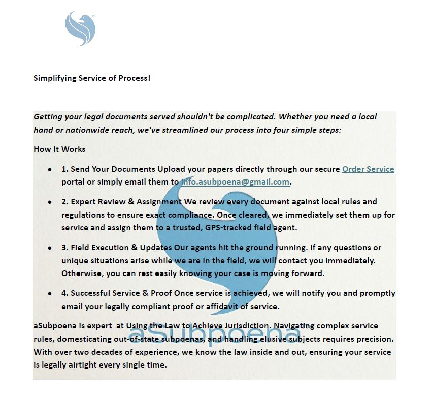 White flyer with blue logo listing four steps for legal document renewal and service process.