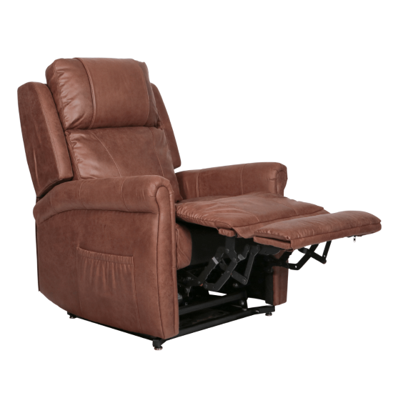 Brown leather recliner with footrest extended, against a white background.