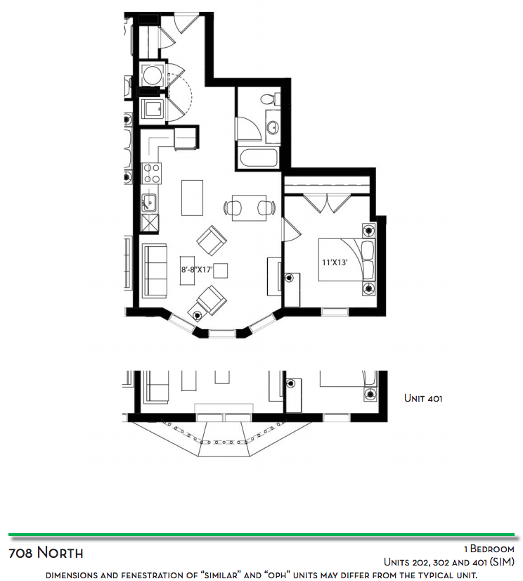 1 Bedroom - Units 202, 302, and 401