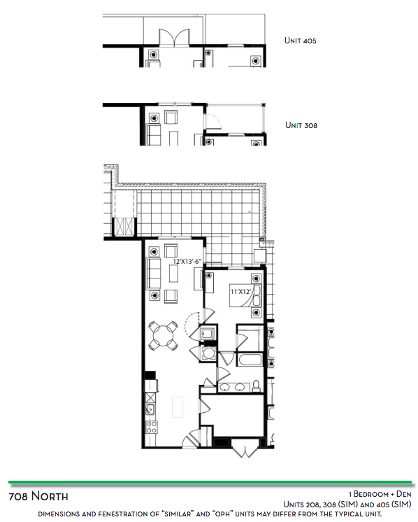 1 Bedroom + Den - Units 208, 308, and 405
