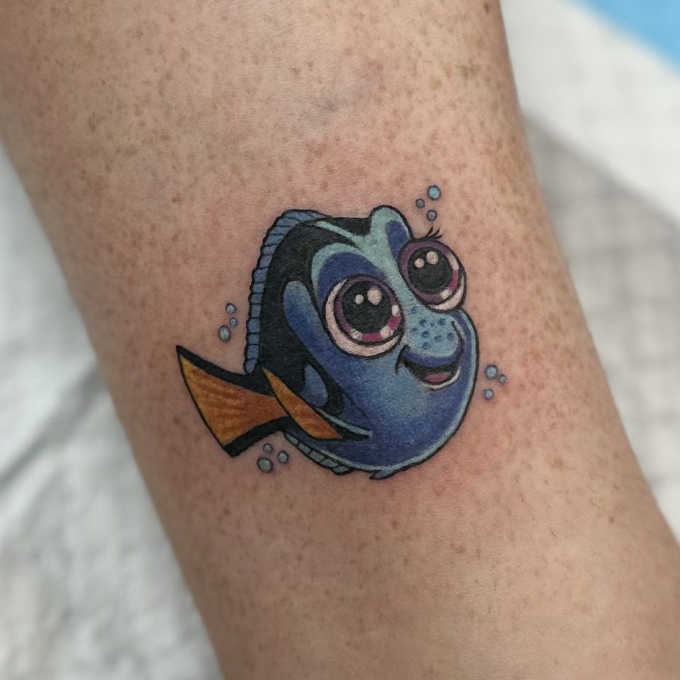 Tattoo of Dory, the blue tang fish from Finding Nemo, smiling with big eyes, on light skin. — Whitsunday Tattooing Airlie Beach in Whitsundays, QLD
