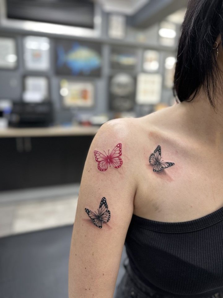 Three butterfly tattoos on a person's shoulder, one red, two grayscale. Studio setting. — Whitsunday Tattooing Airlie Beach in Whitsundays, QLD