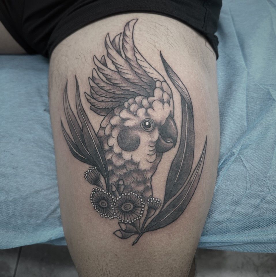 Black and gray tattoo of a cockatoo with raised crest and leafy branch on a thigh. — Whitsunday Tattooing Airlie Beach in Whitsundays, QLD