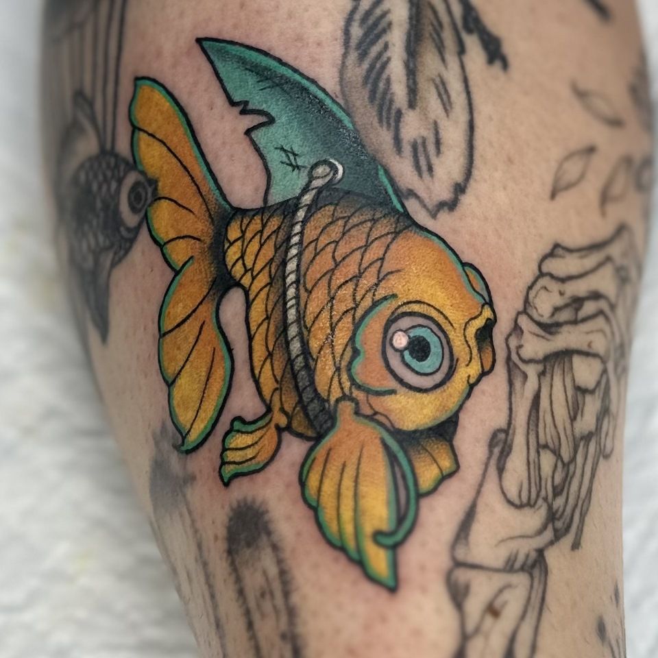 Goldfish tattoo with blue and yellow coloring, on a leg. — Whitsunday Tattooing Airlie Beach in Whitsundays, QLD