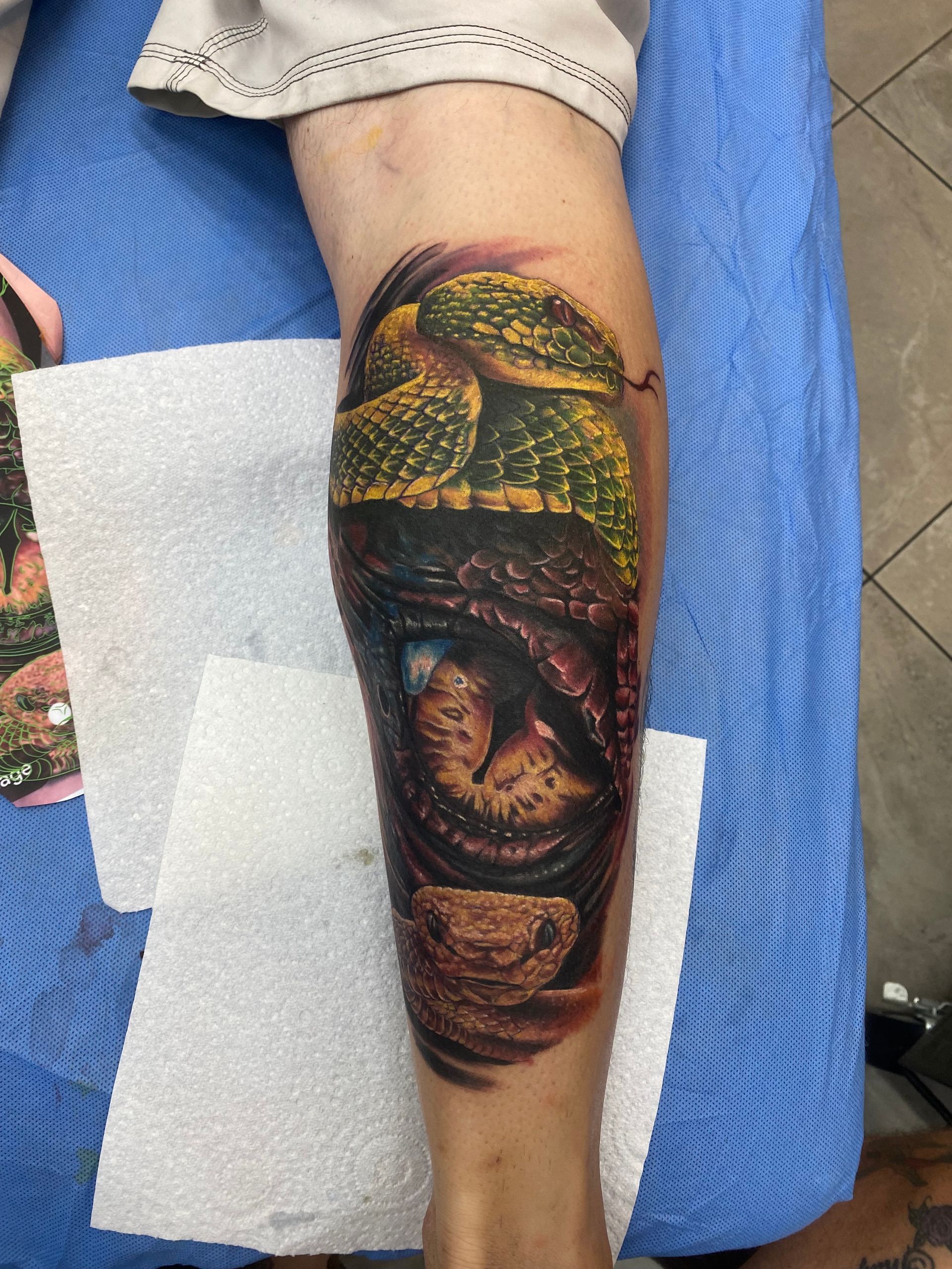 A leg with a detailed snake tattoo featuring a green and brown coiled body and a large eye, resting on a blue surface. — Whitsunday Tattooing Airlie Beach in Whitsundays, QLD