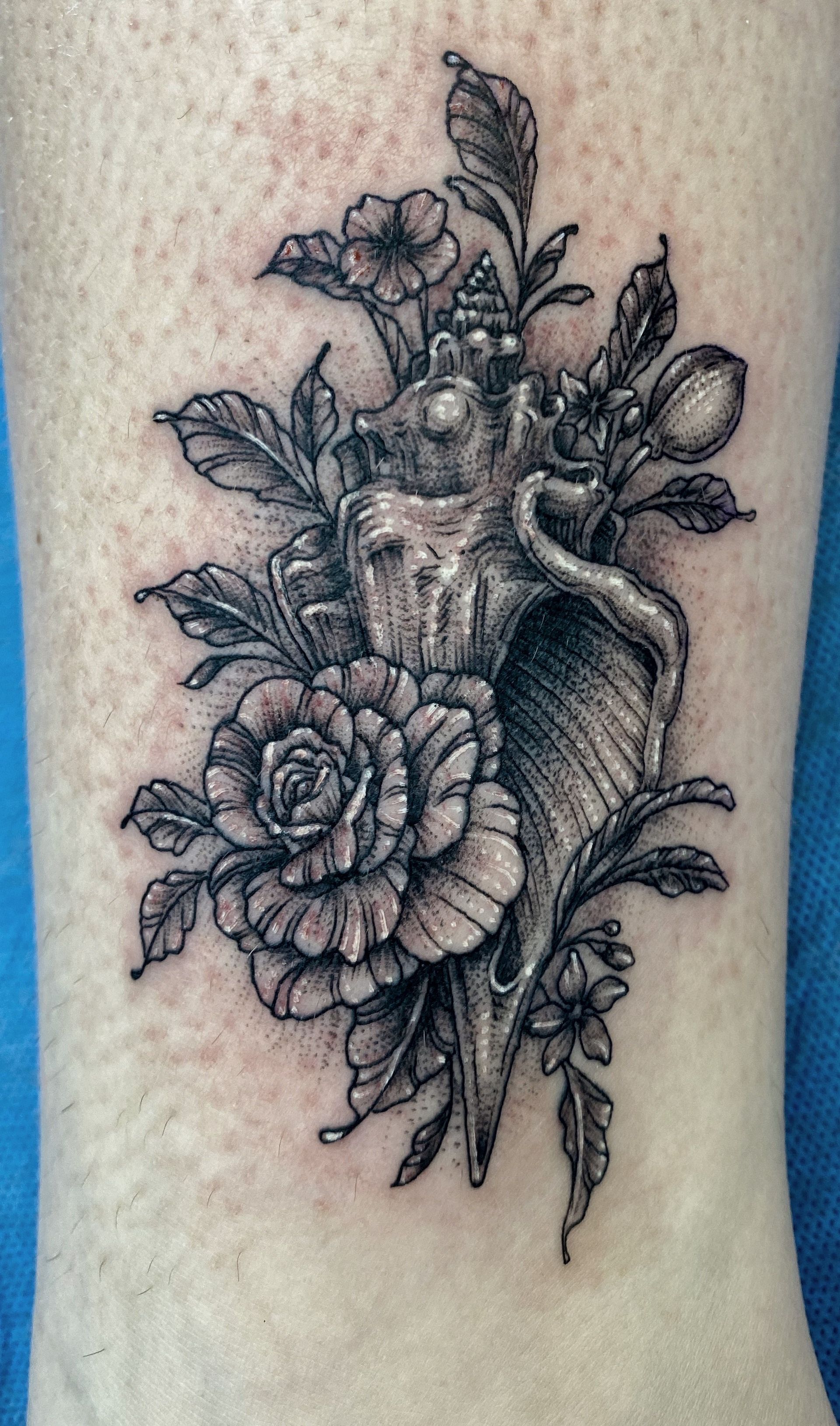 Tattoo of a conch shell and rose surrounded by leaves and flowers on a leg. — Whitsunday Tattooing Airlie Beach in Whitsundays, QLD