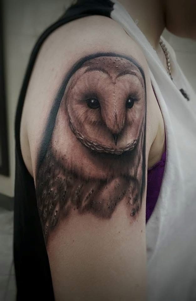 Realistic black and grey owl tattoo on a person's upper arm. — Whitsunday Tattooing Airlie Beach in Whitsundays, QLD