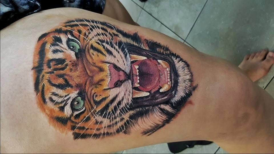 Tiger head tattoo on a person's thigh, roaring with green eyes, orange, black and white colors. — Whitsunday Tattooing Airlie Beach in Whitsundays, QLD