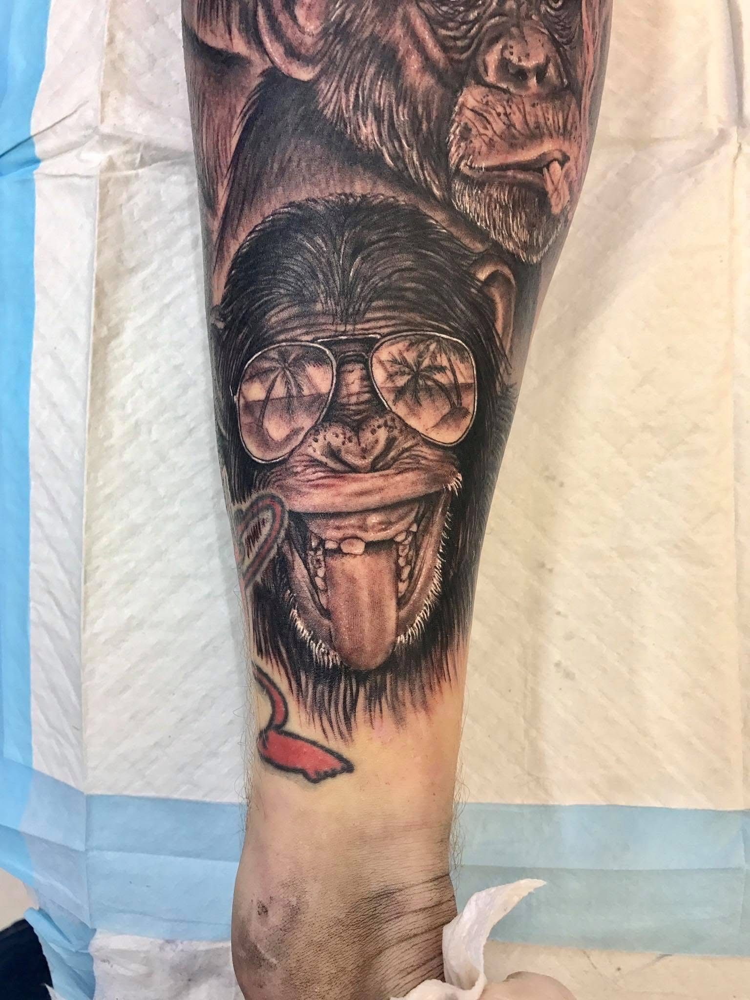 Tattoo of three monkeys. The central one wears sunglasses, sticks out its tongue, and appears to be laughing. — Whitsunday Tattooing Airlie Beach in Whitsundays, QLD