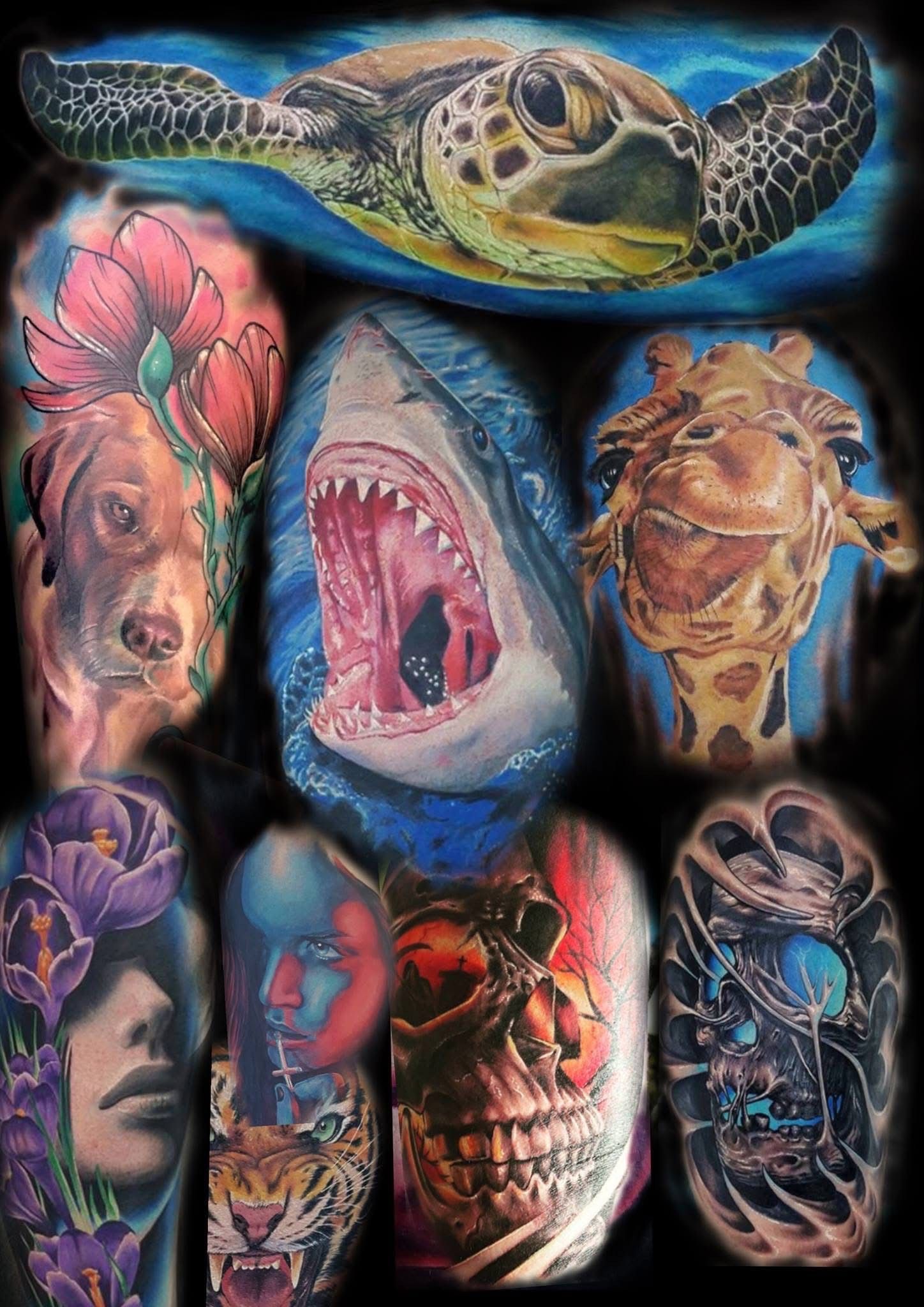 Collection of colorful realistic tattoos: sea turtle, dog, shark, giraffe, woman, skull. — Whitsunday Tattooing Airlie Beach in Whitsundays, QLD
