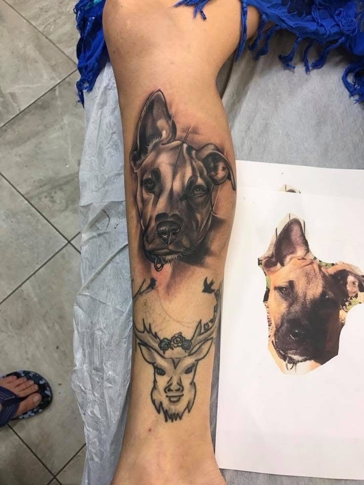 Tattoo of a Dog and a Deer on a Leg — Whitsunday Tattooing Airlie Beach in Airlie Beach, QLD