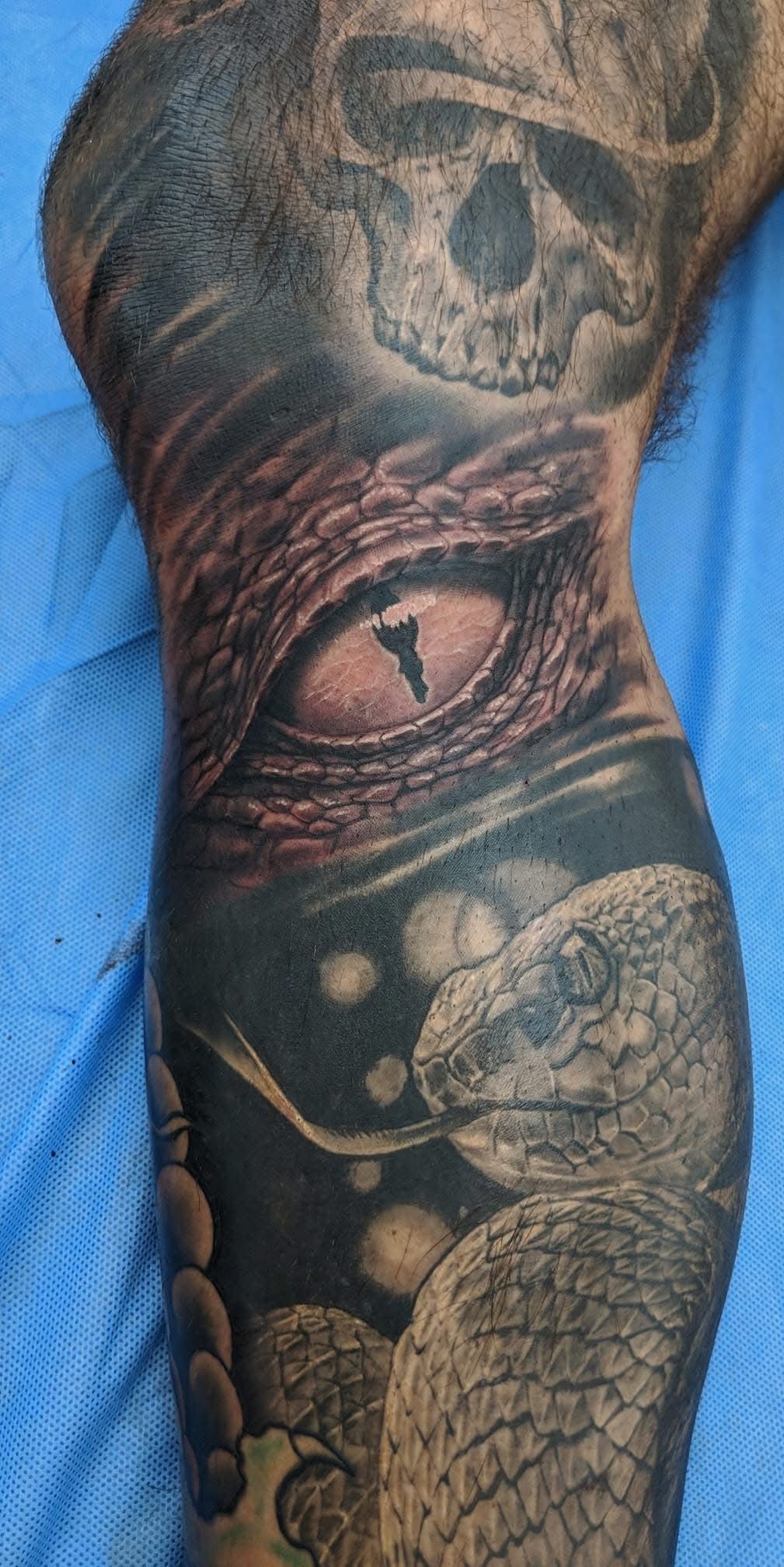 Tattoo of a skull, reptile eye, and snake on a person's arm. — Whitsunday Tattooing Airlie Beach in Whitsundays, QLD
