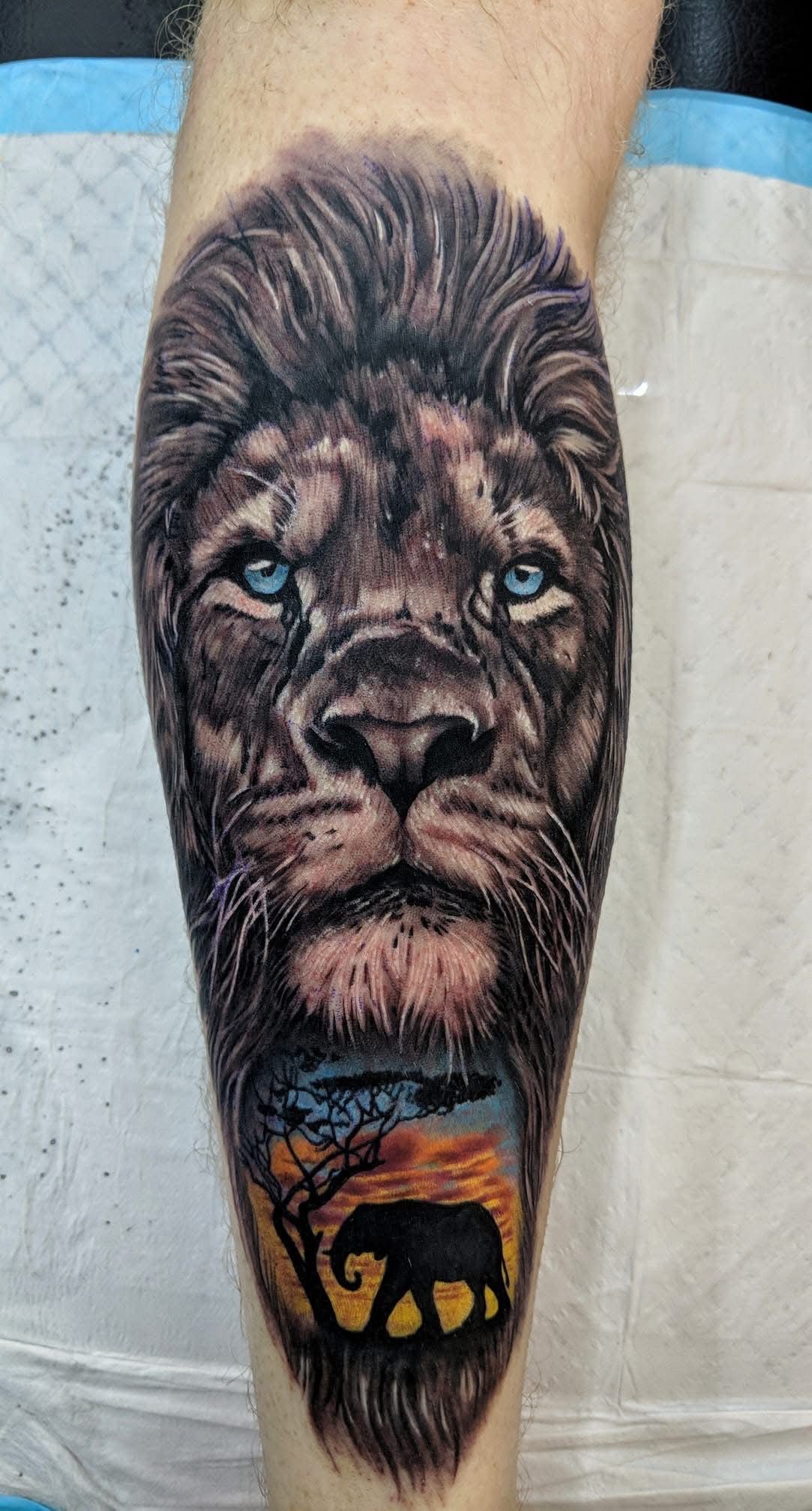 Tattoo of a lion's face with light blue eyes and an African sunset scene with an elephant silhouette. — Whitsunday Tattooing Airlie Beach in Whitsundays, QLD