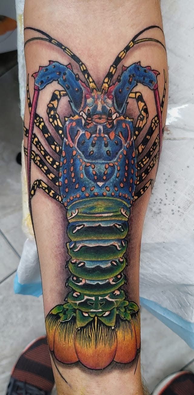 Colorful tattoo of a spiny lobster on a person's arm. The lobster is blue, green, and orange. — Whitsunday Tattooing Airlie Beach in Whitsundays, QLD