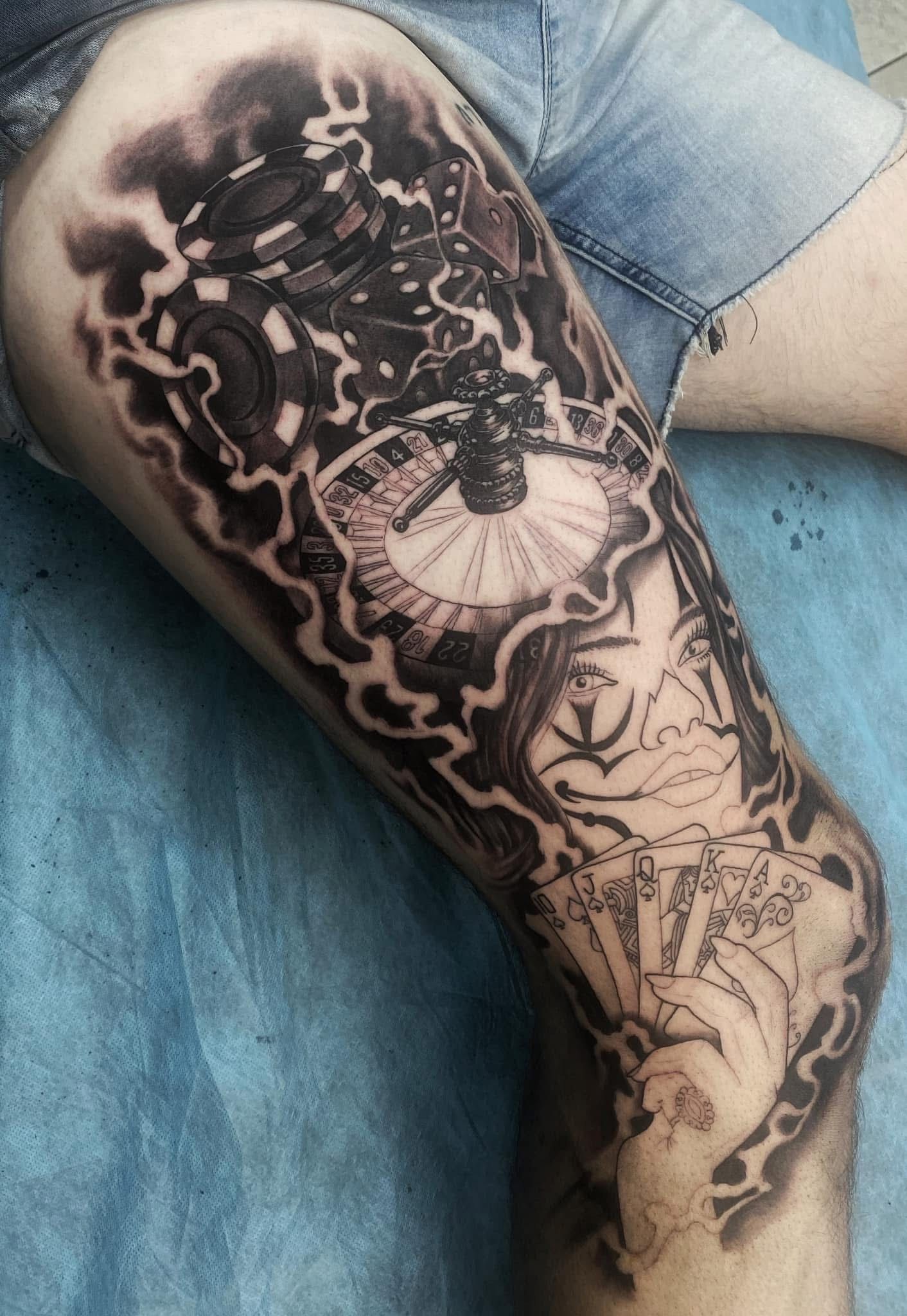 Tattoo of a mechanical clock and other machinery on a leg, surrounded by smoky shading. — Whitsunday Tattooing Airlie Beach in Whitsundays, QLD