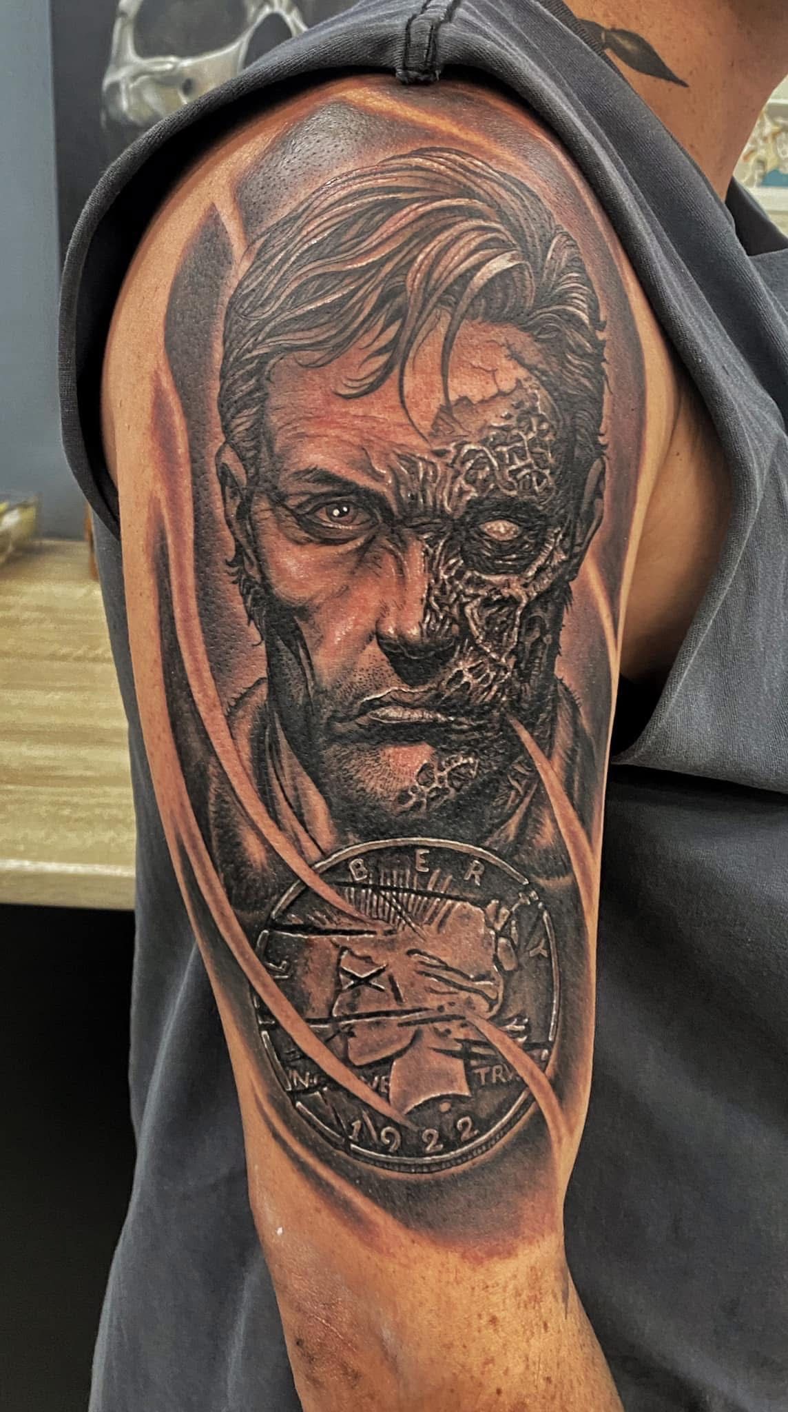 Tattoo of a Man's Face, Partially Decayed, on an Arm — Whitsunday Tattooing Airlie Beach in Airlie Beach, QLD