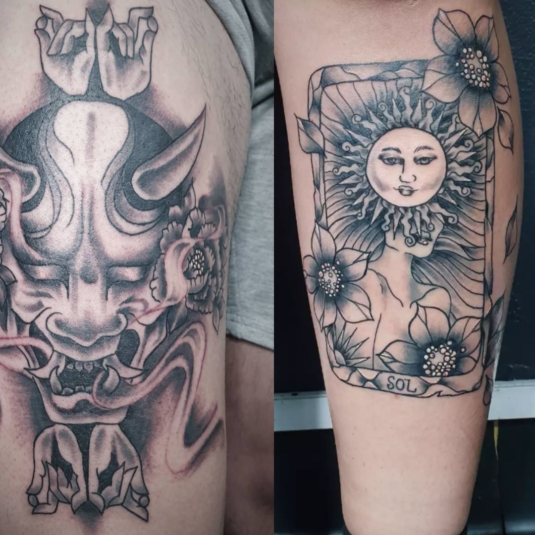 Japanese Demon Mask and Sun Face Within a Floral Framed Card — Whitsunday Tattooing Airlie Beach in Airlie Beach, QLD