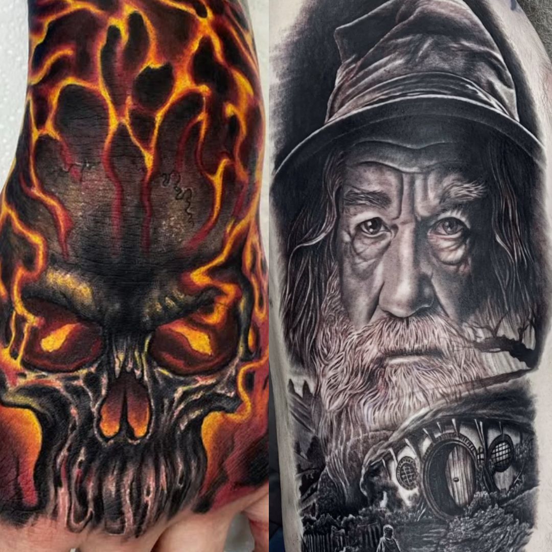 Two arm tattoos: flaming skull and Gandalf portrait with Hobbiton. — Whitsunday Tattooing Airlie Beach in Whitsundays, QLD