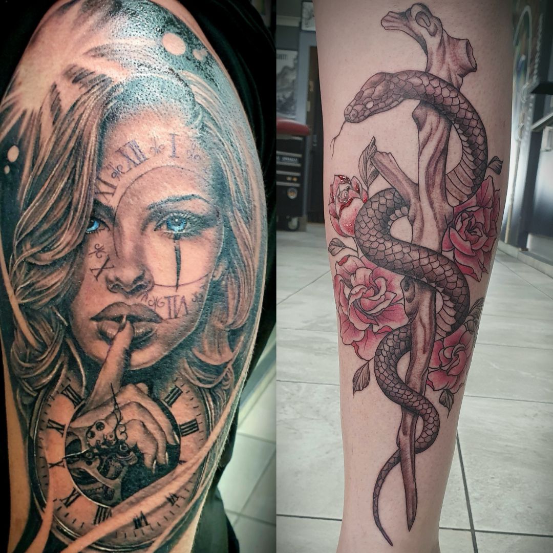 Left: Woman's face with clock design tattoo on arm. Right: Snake wrapped around a branch, with roses tattoo on calf. — Whitsunday Tattooing Airlie Beach in Whitsundays, QLD