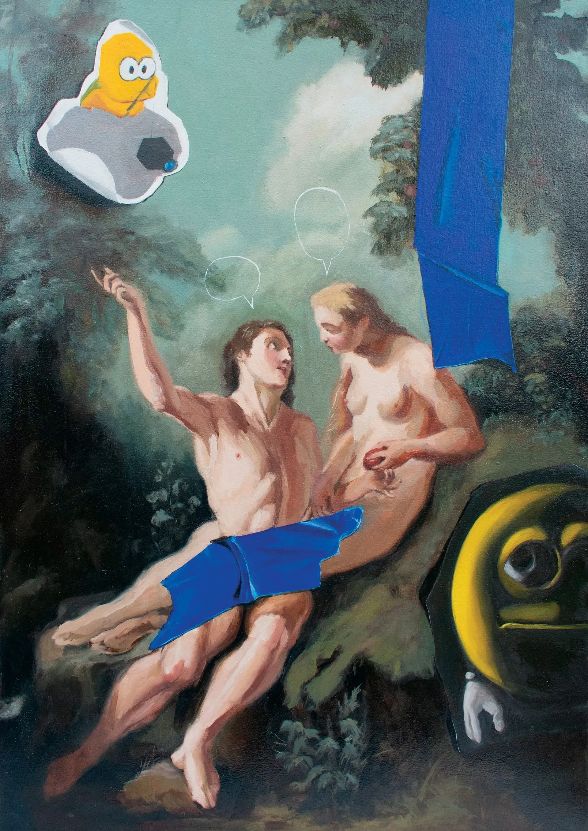 Collage of Adam and Eve with added cartoon figures and blue tape; art by Andy Delapp.