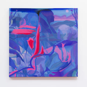 Blue and pink abstract painting of figures, foliage, and a landscape.