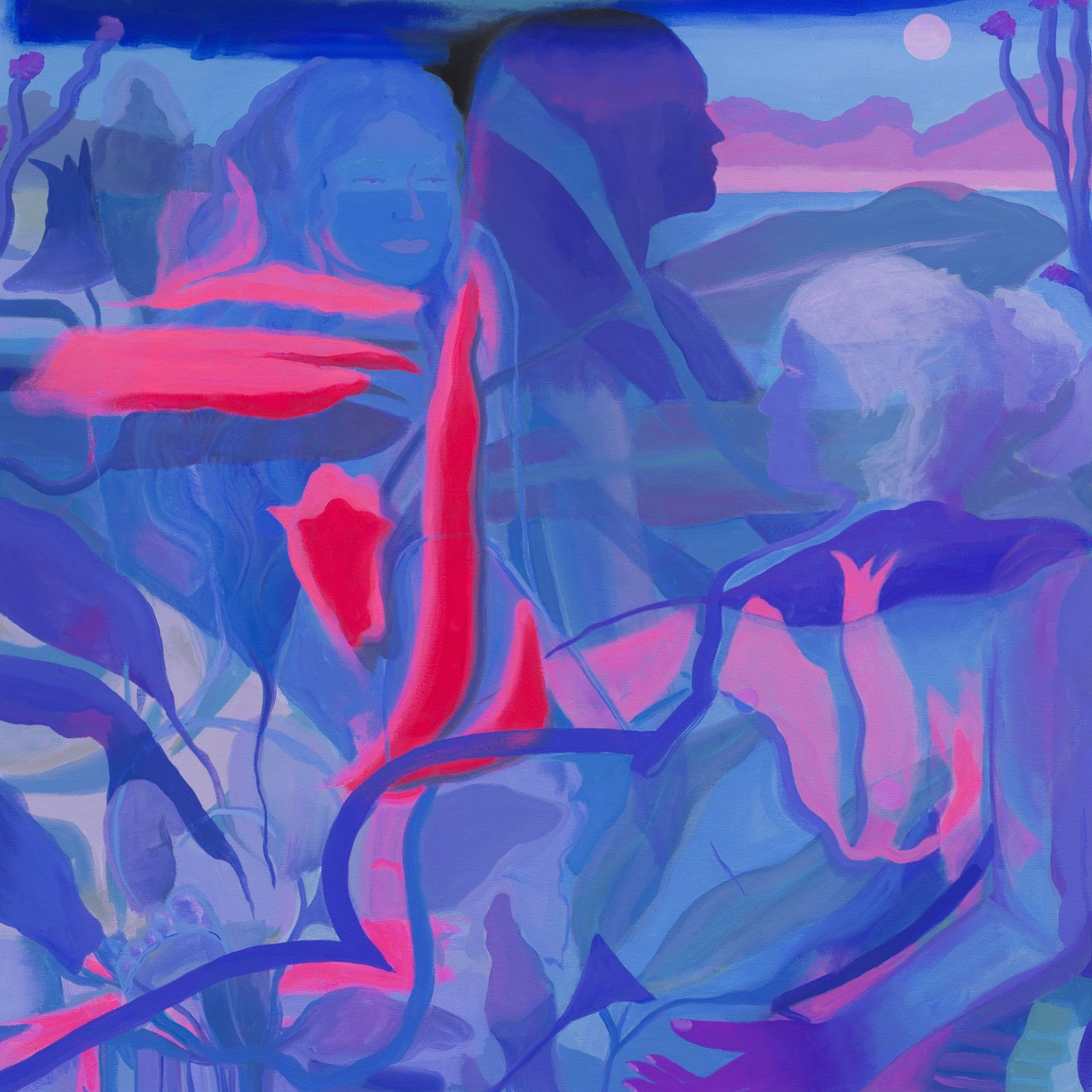Blue and pink abstract painting of figures, foliage, and a landscape.