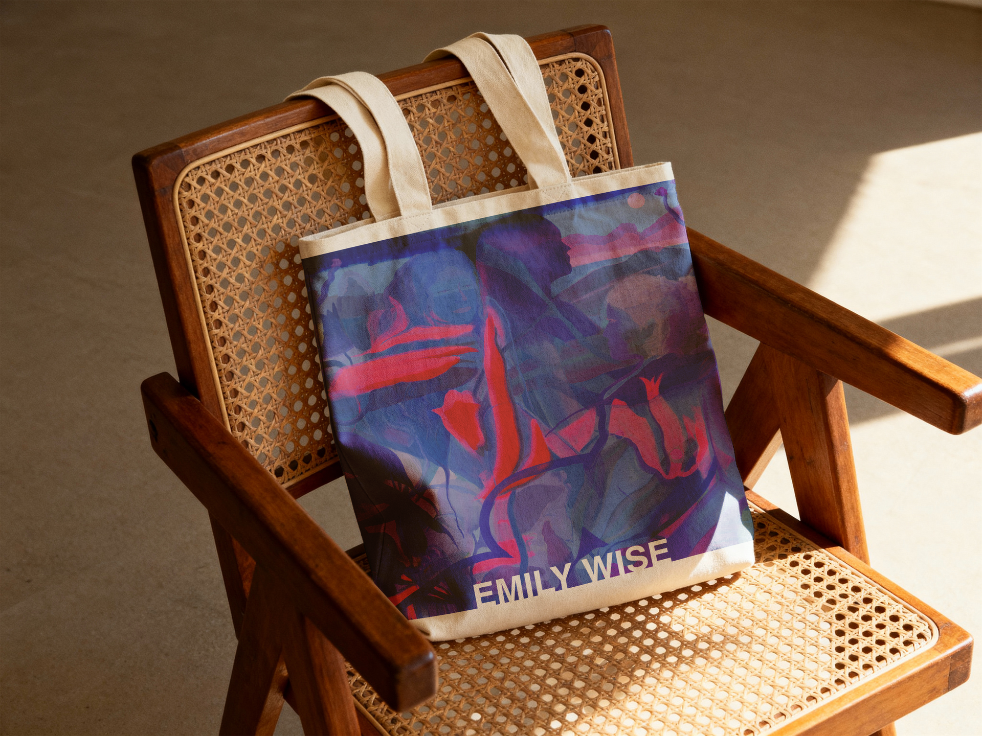 Art by Emily Wise. Blue-red tote bag on a woven wooden chair with a beige cushion, in warm indoor light