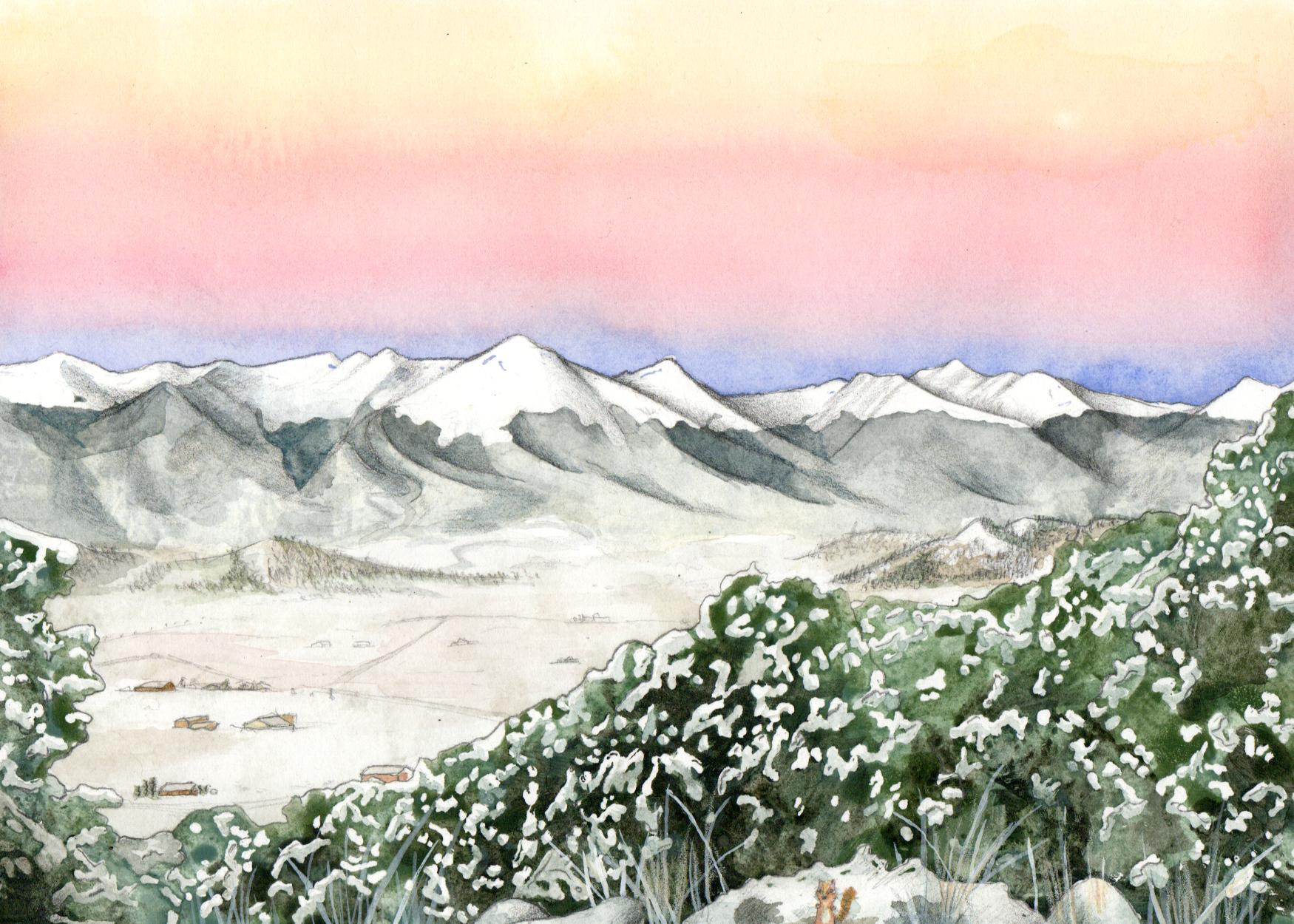 Snow-capped mountains under a pink and orange sky, overlooking a valley with snowy trees.