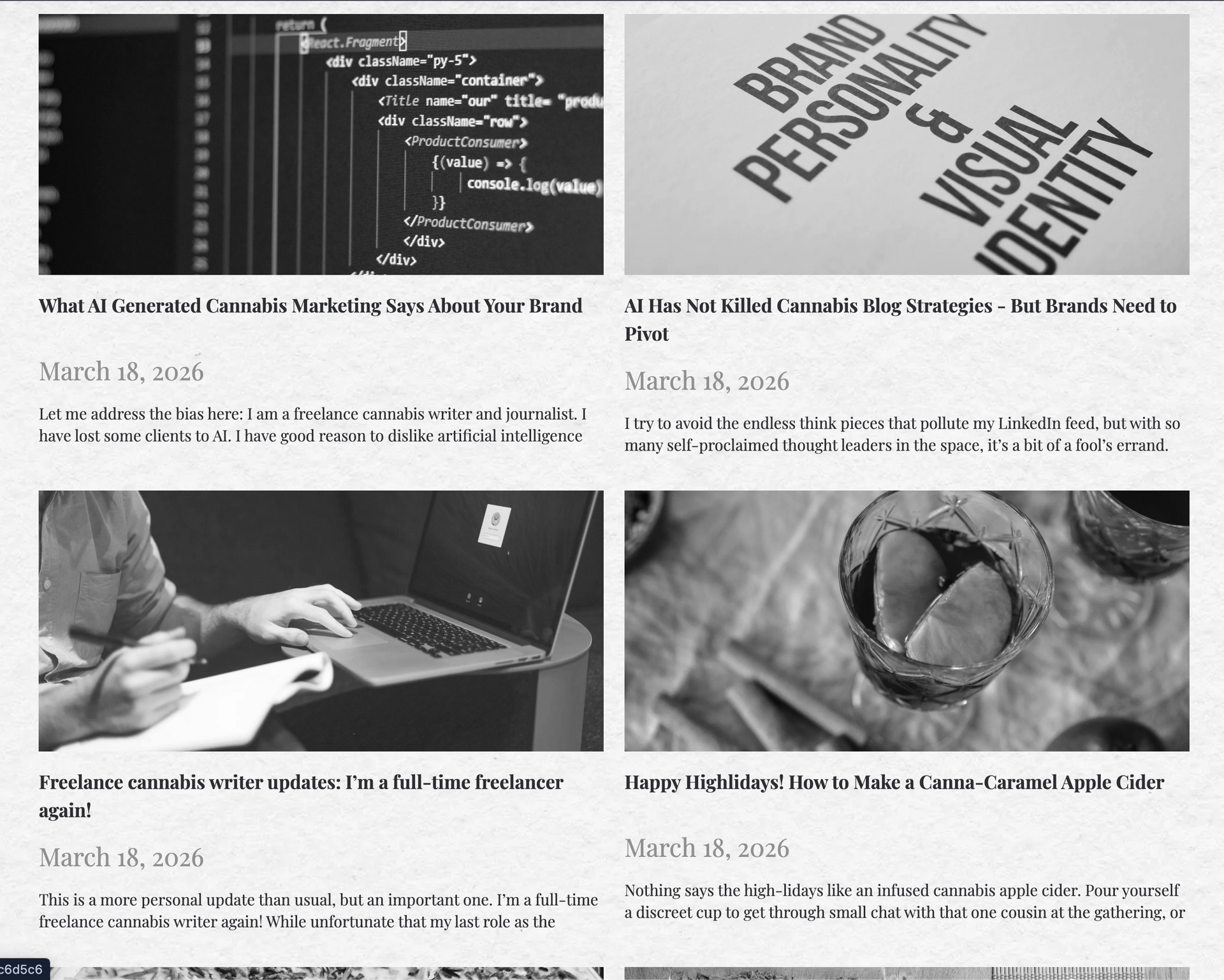 A grid of four blog post previews, each featuring an image and text, titled with dates, written by Macey Wolfer.