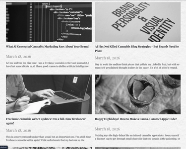 A grid of four blog post previews, each featuring an image and text, titled with dates, written by Macey Wolfer.