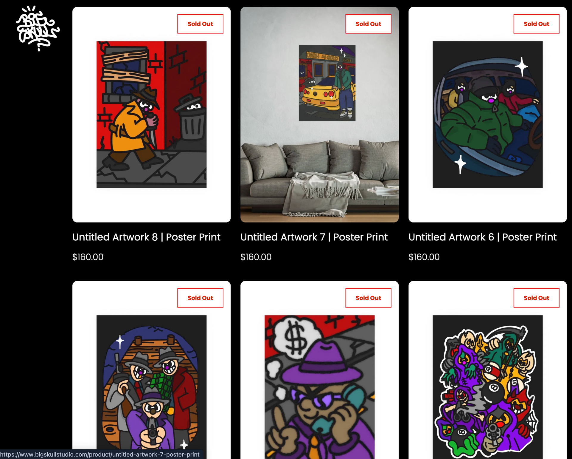 A grid of six colorful, cartoon-style digital art poster prints by Big Skull featuring crime and city-themed illustrations.