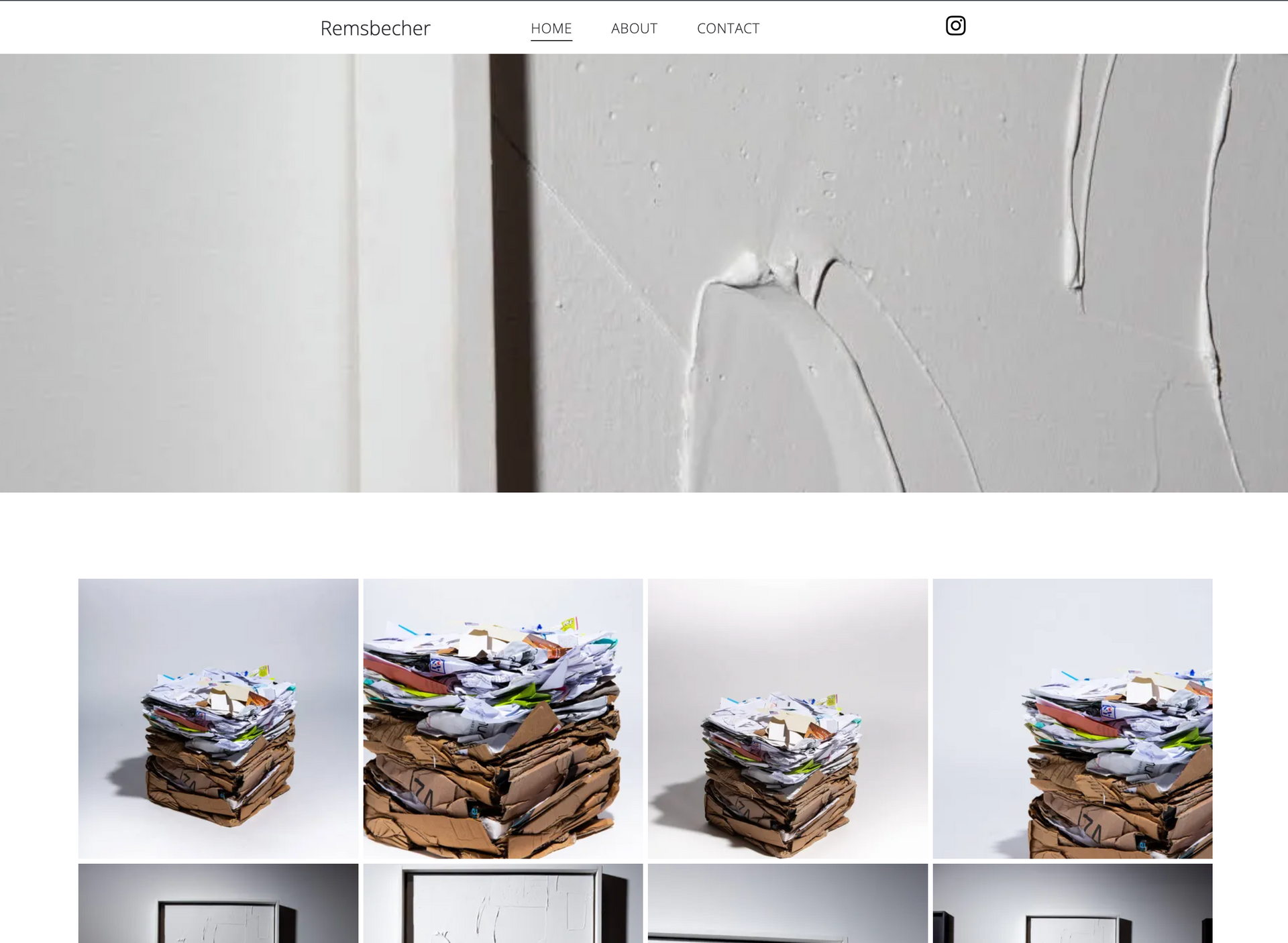 A website for Artist Matt Remsbecher, header featuring an abstract white textured artwork and a gallery grid of sculptural, multi-layered art objects.