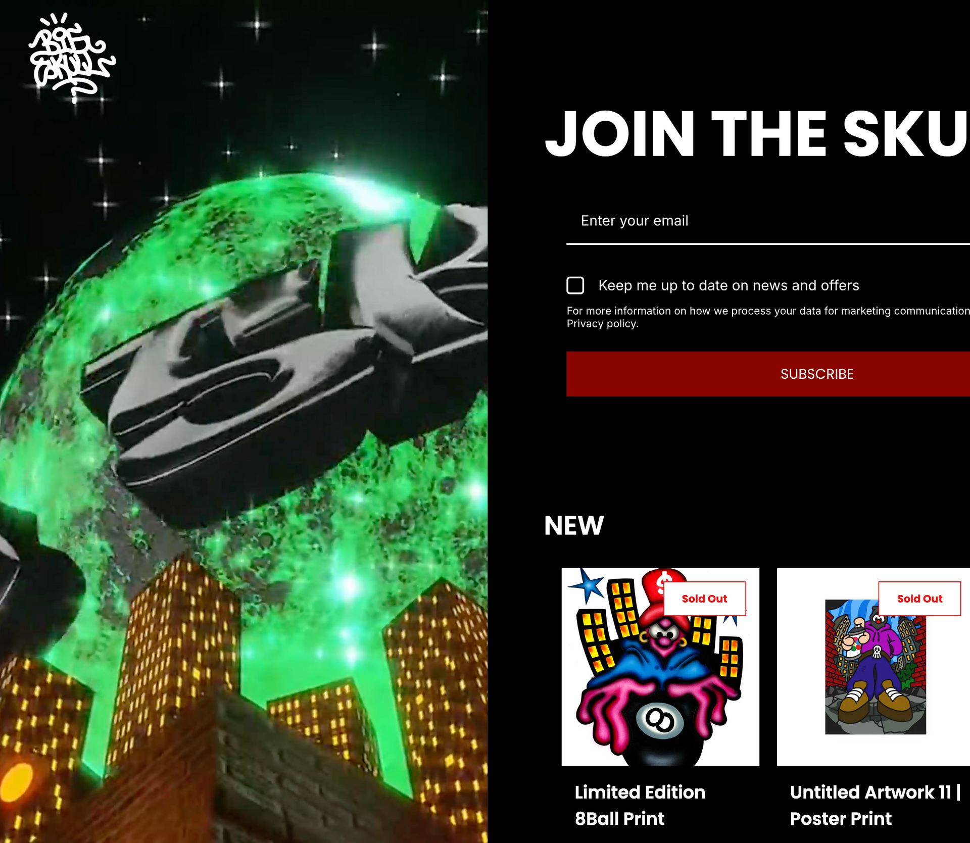 A split-screen website for artist Big Skull: left features a green moon over a city; right has a subscription form and new art items.