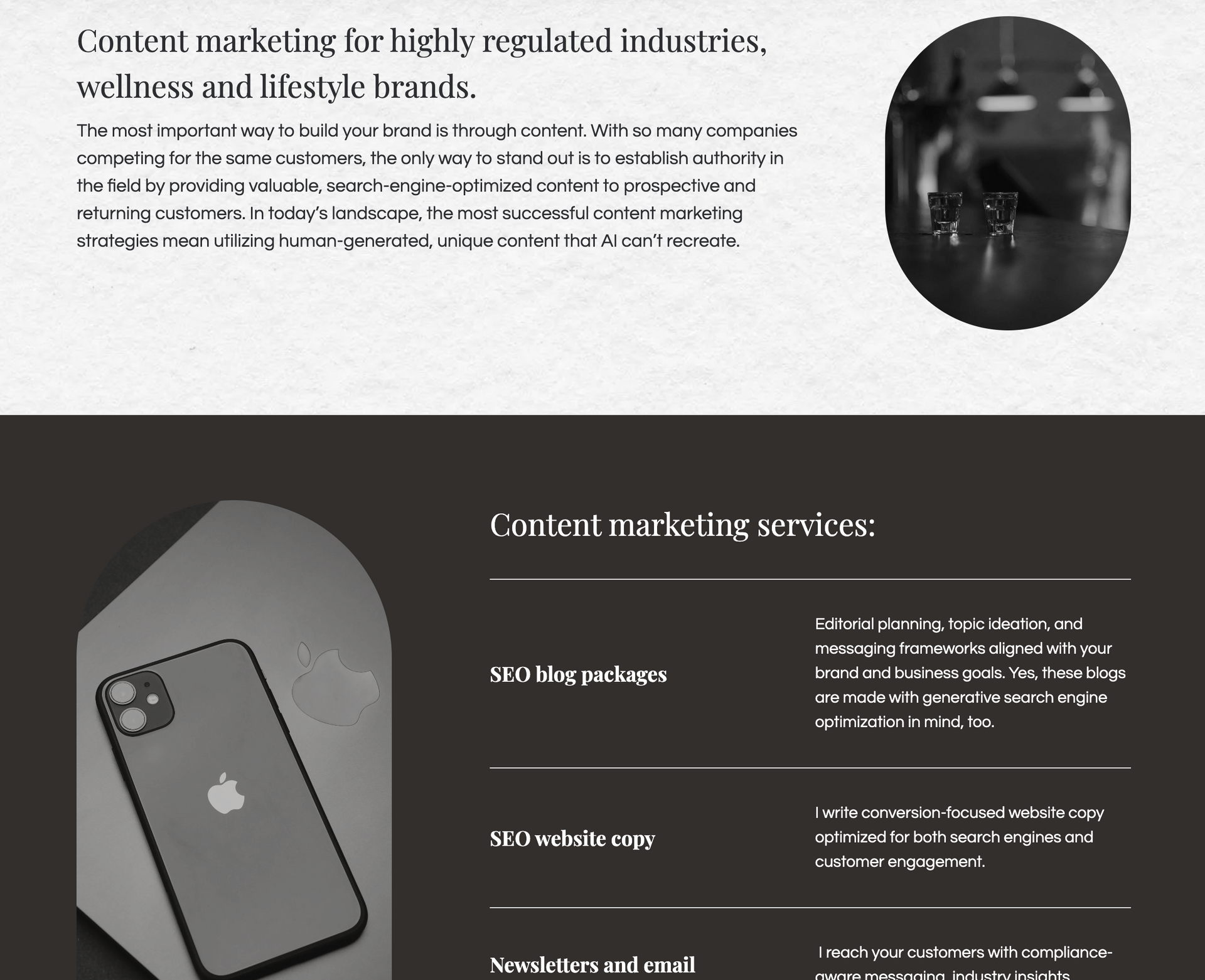 Webpage header and services list for a writer Macey Wolfer, specializing in regulated, wellness, and lifestyle brands.