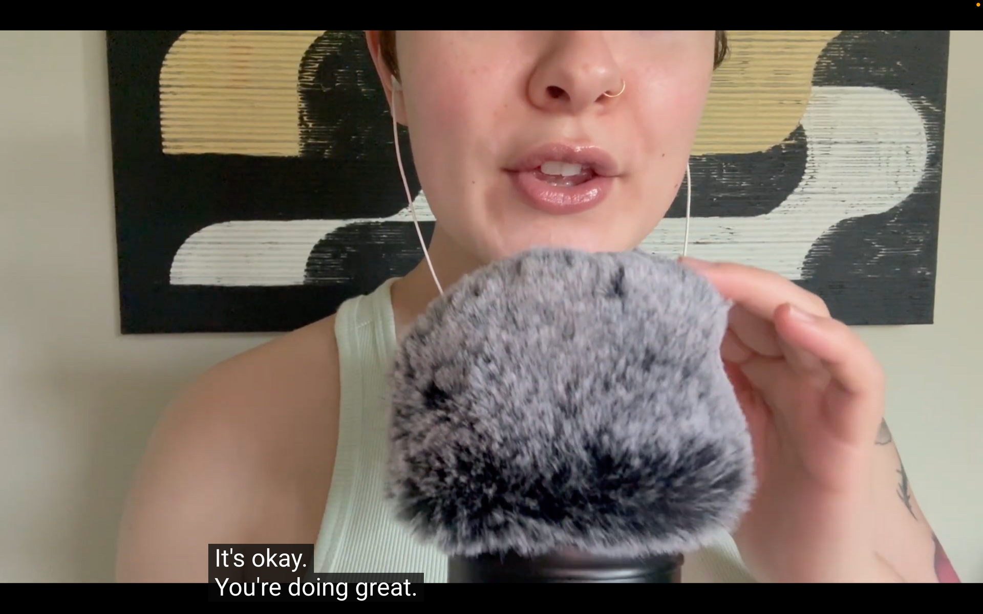 Person holding a fluffy gray microphone close to their mouth, with subtitles visible at the bottom.
