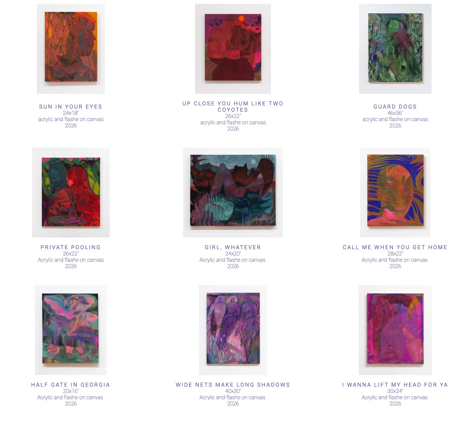 A grid of nine colorful abstract paintings by Emily Wise, each labeled, displayed on a white background.