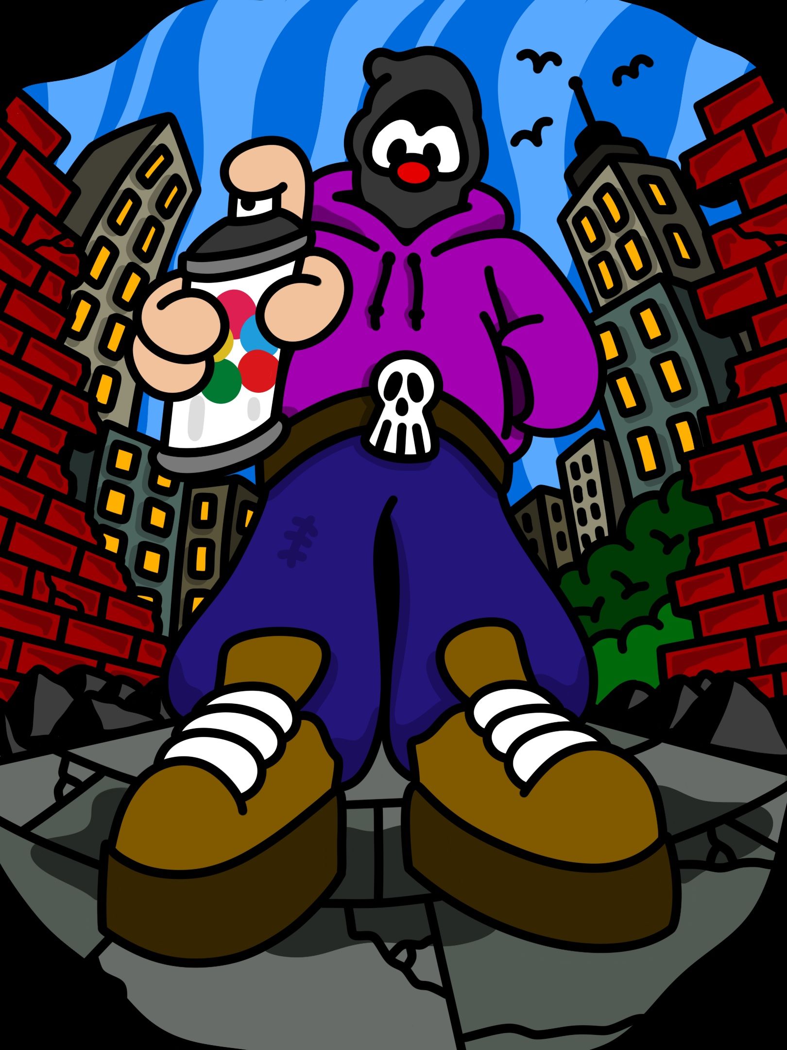 Cartoon figure with spray can in a city setting, wearing purple hoodie and pants; by Big Skull. 