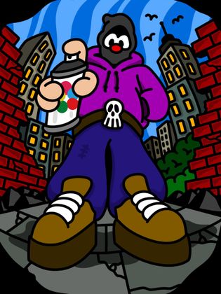 Cartoon figure with spray can in a city setting, wearing purple hoodie and pants; by Big Skull. 