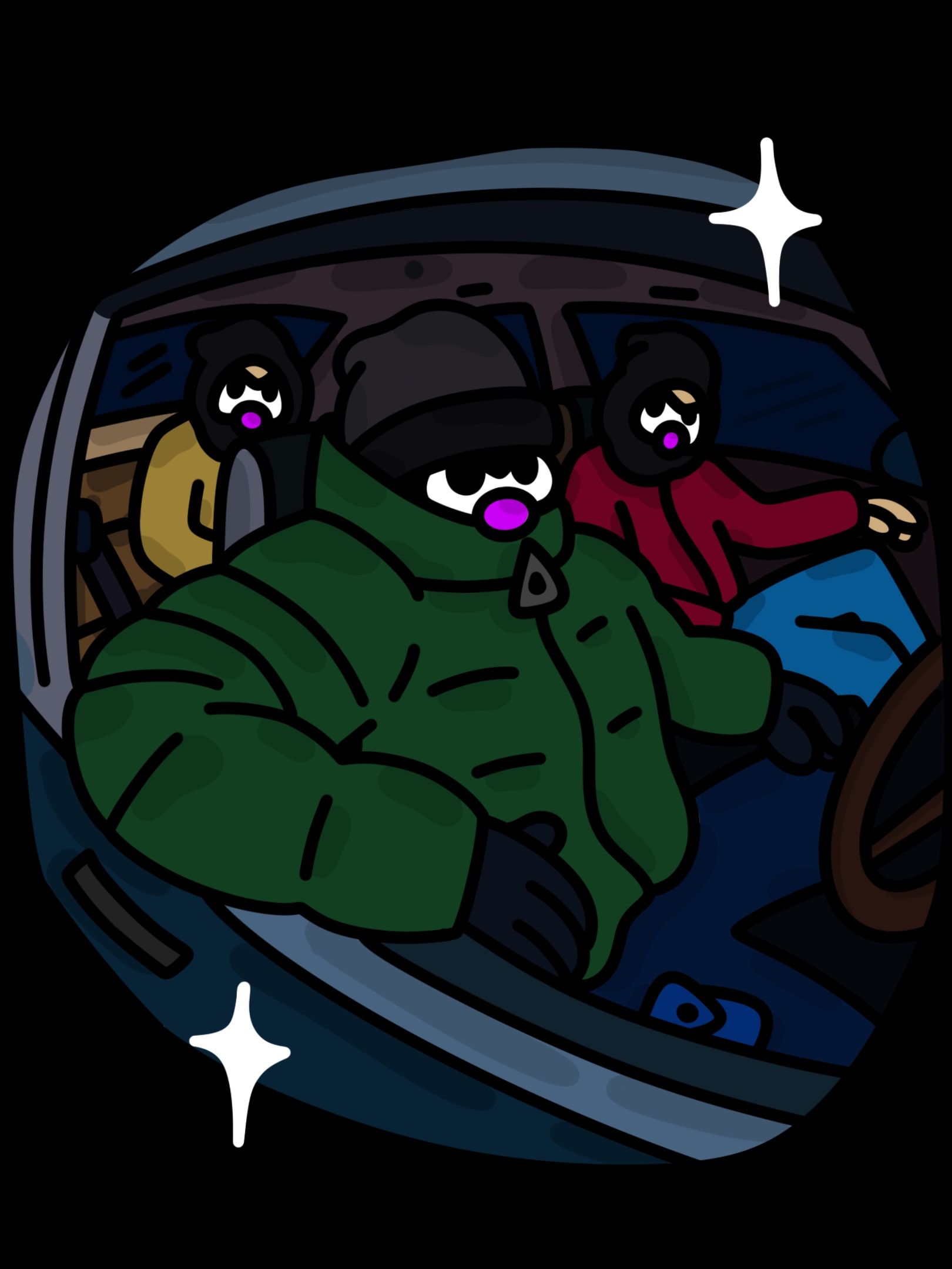 Three figures in ski masks in a car. One is driving. All wear colorful jackets, viewed from the front.