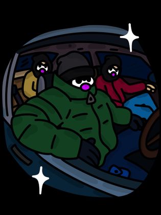 Three figures in ski masks in a car. One in a green coat drives; the others sit beside him. Art by Big Skull. 