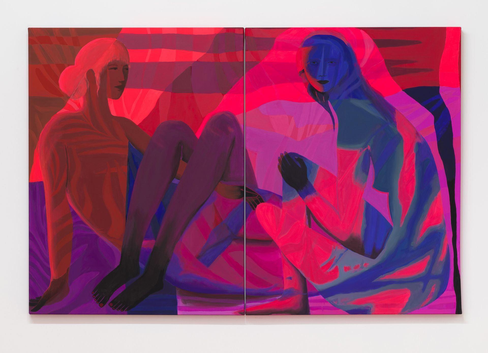 Two figures sit against a vibrant red background in this diptych, rendered in bold, abstract patterns of pink and blue.
