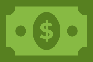 Green dollar bill with dark green dollar sign.