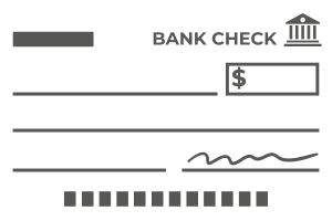Bank check template with blank fields for information and signature.