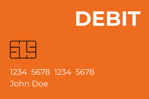 Orange debit card with chip, card number, and the name John Doe.