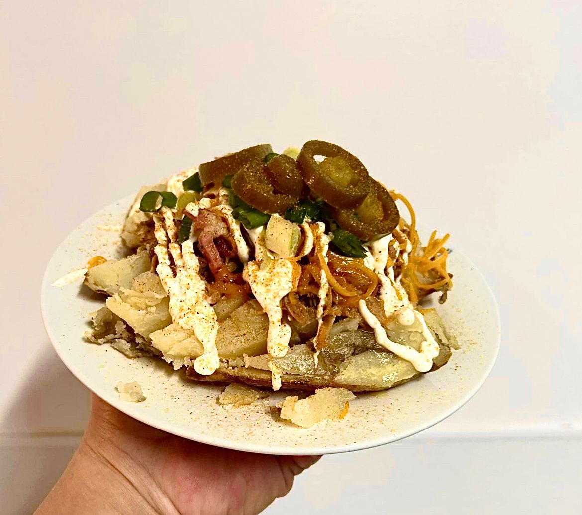 A person is holding a plate of food in their hand.