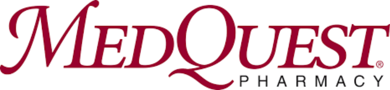 The logo for medquest pharmacy is red and white.
