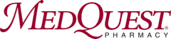 The logo for medquest pharmacy is red and white.