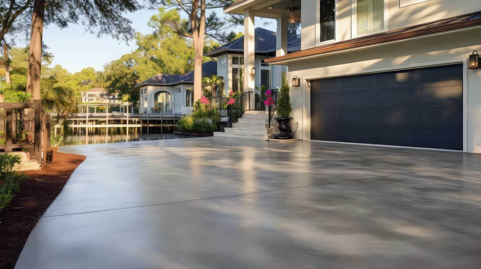 Long driveway leading to a modern white house with a dark garage door, next to a waterfront.