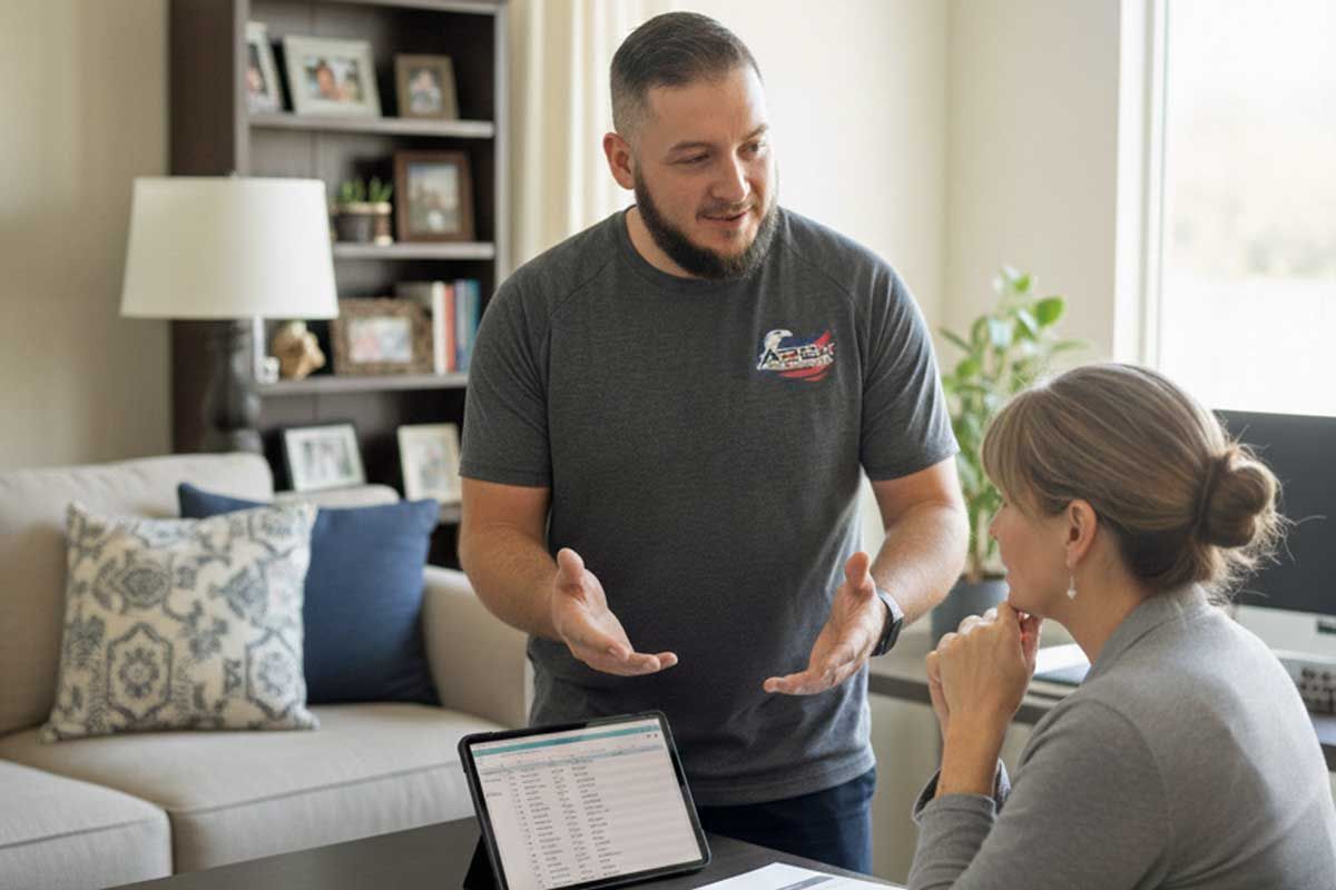 Man gesturing, discussing with woman at a desk with tablet in a home office setting.