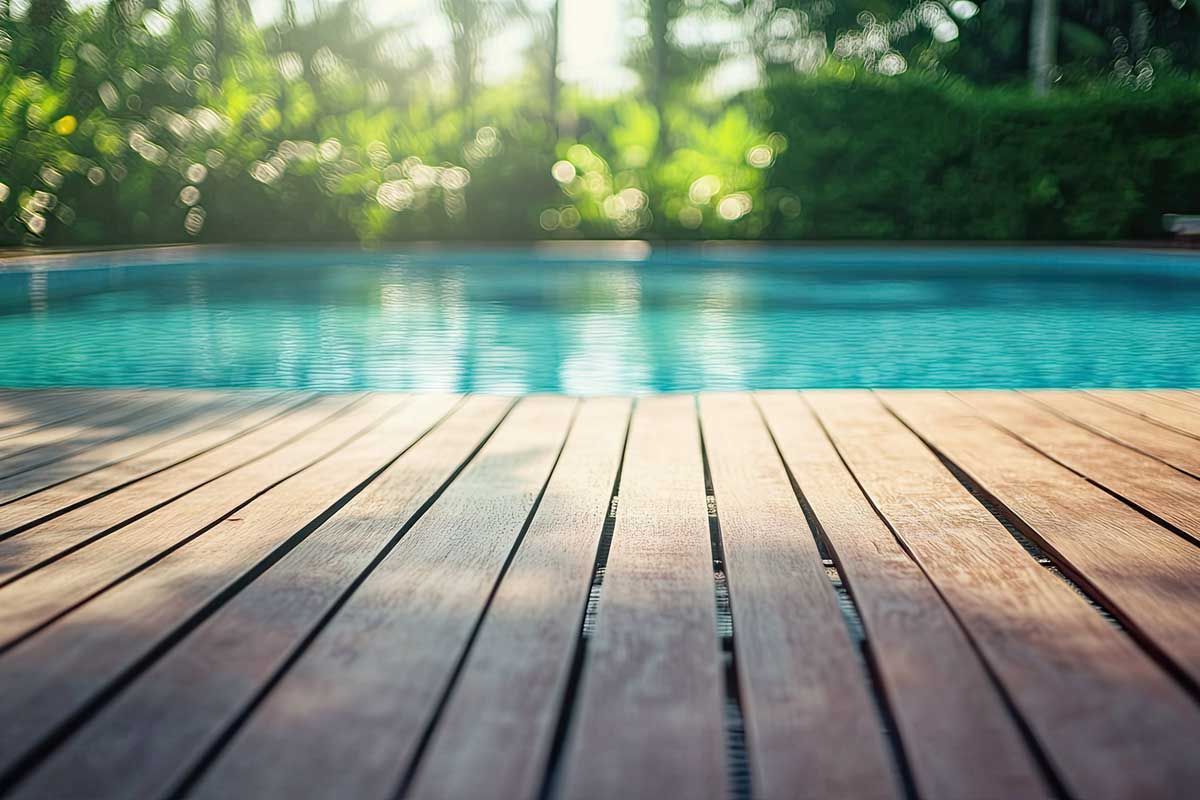Wooden deck overlooking a turquoise pool, with lush green foliage in the background under sunlight.